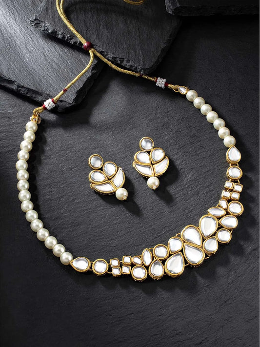 Regal Faux Pearl Kundan Necklace Set - White