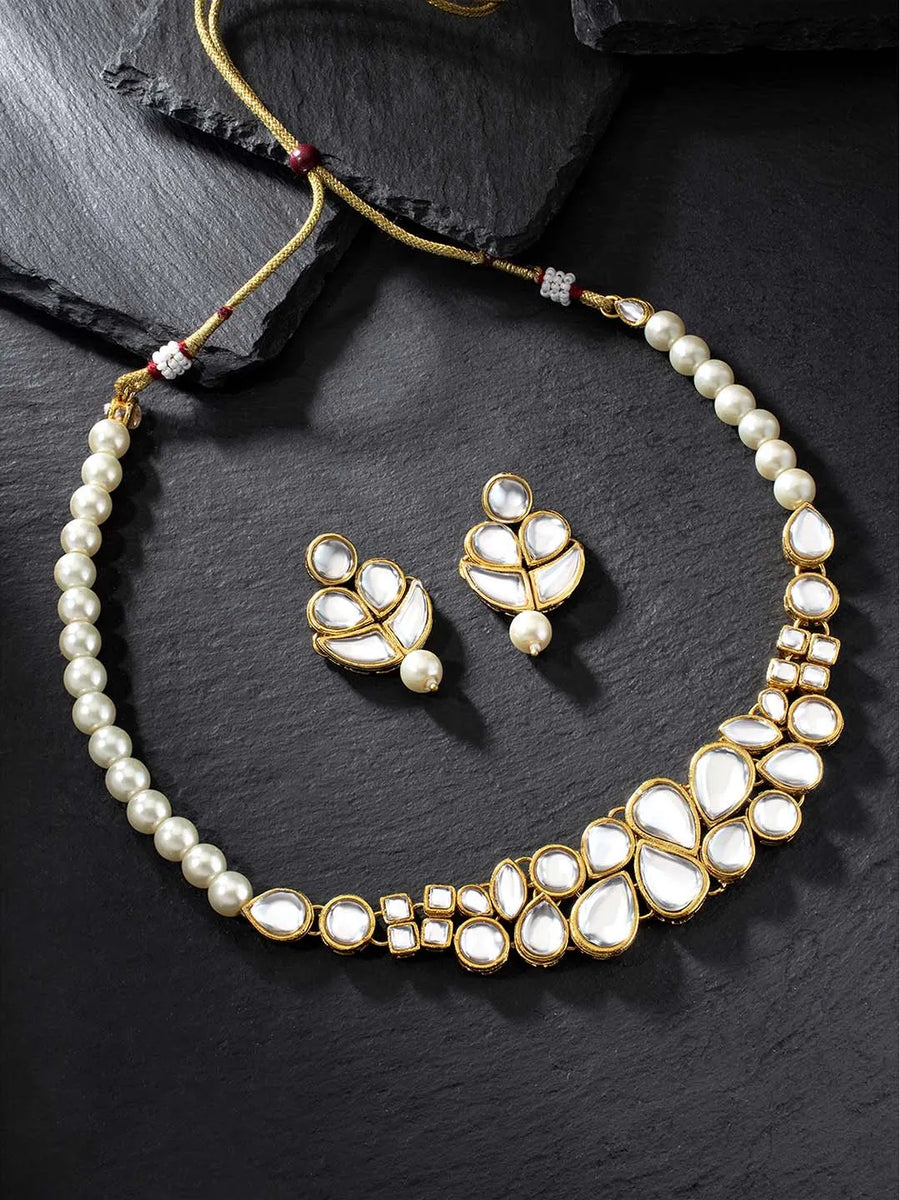 Regal Faux Pearl Kundan Necklace Set - White
