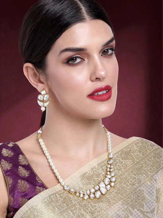 Regal Faux Pearl Kundan Necklace Set - White