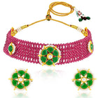 Rani Pink Green choker earring set crafted from alloy, adorned with crystals & beads for an elegant, timeless look | Peora
