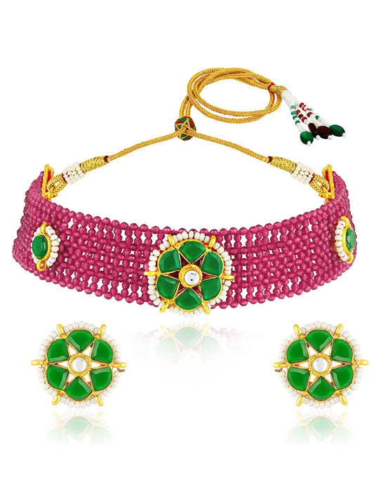 Rani Pink Green choker earring set crafted from alloy, adorned with crystals & beads for an elegant, timeless look | Peora
