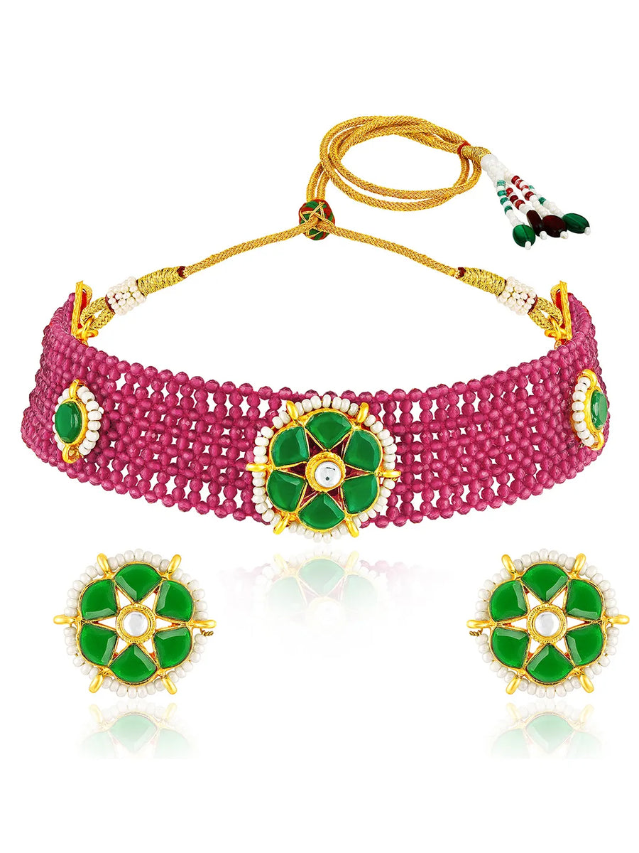 Rani Pink Green choker earring set crafted from alloy, adorned with crystals & beads for an elegant, timeless look | Peora
