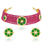 Rani Pink Green choker earring set crafted from alloy, adorned with crystals & beads for an elegant, timeless look | Peora
