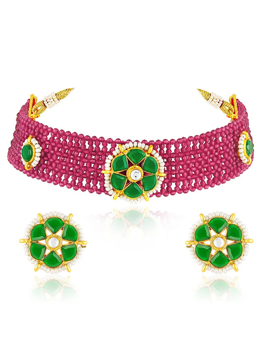 Rani Pink Green choker earring set crafted from alloy, adorned with crystals & beads for an elegant, timeless look | Peora

