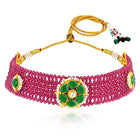 Rani Pink Green choker earring set crafted from alloy, adorned with crystals & beads for an elegant, timeless look | Peora
