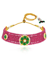 Rani Pink Green choker earring set crafted from alloy, adorned with crystals & beads for an elegant, timeless look | Peora
