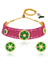 Rani Pink Green choker earring set crafted from alloy, adorned with crystals & beads for an elegant, timeless look | Peora
