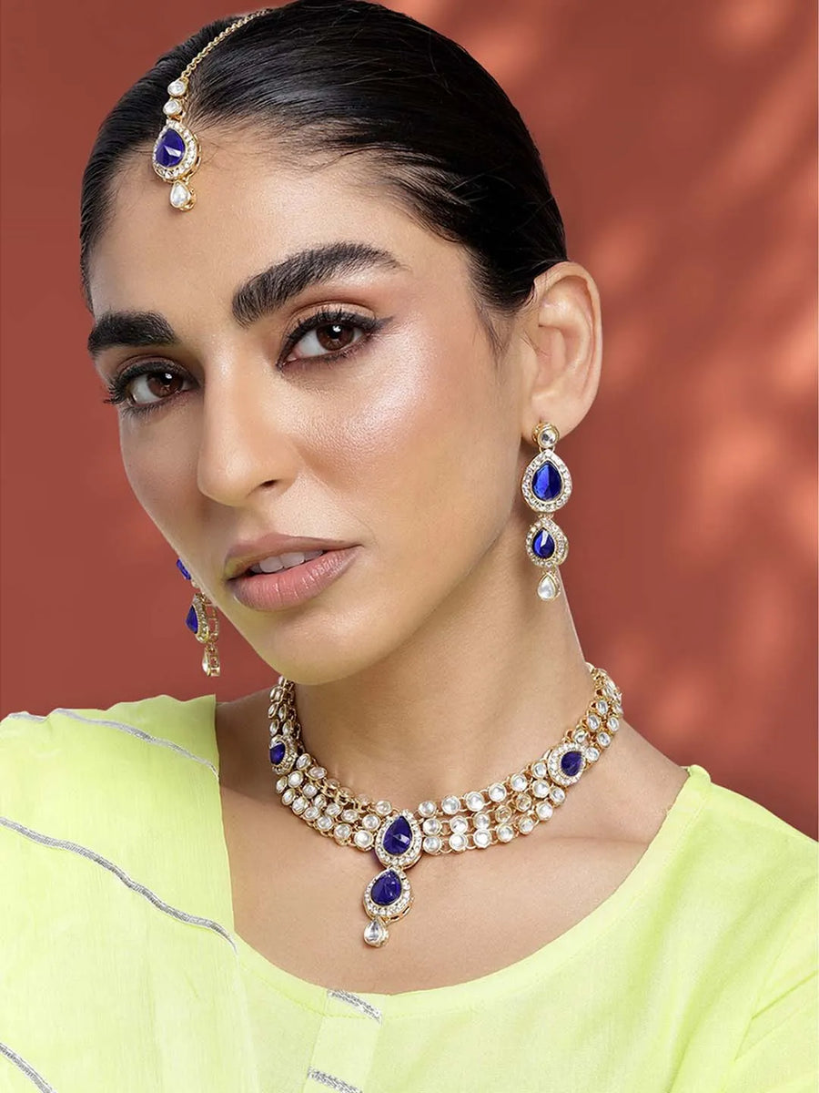 Majesty Kundan Long Necklace Set - Blue