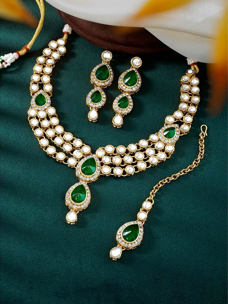 Majesty Kundan Long Necklace Set - Green