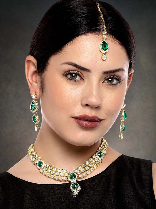 Majesty Kundan Long Necklace Set - Green