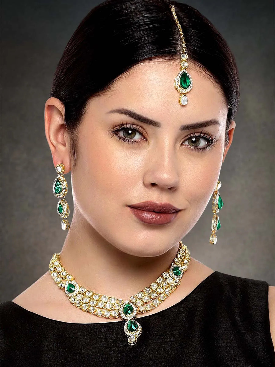 Majesty Kundan Long Necklace Set - Green