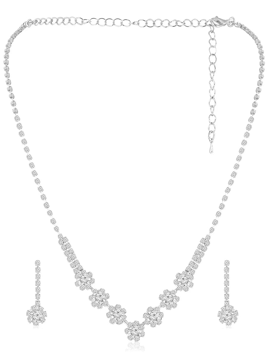 Silver necklace earrings set crafted from alloy, adorned with crystals & cubic zirconia for an elegant, timeless look | Peora
