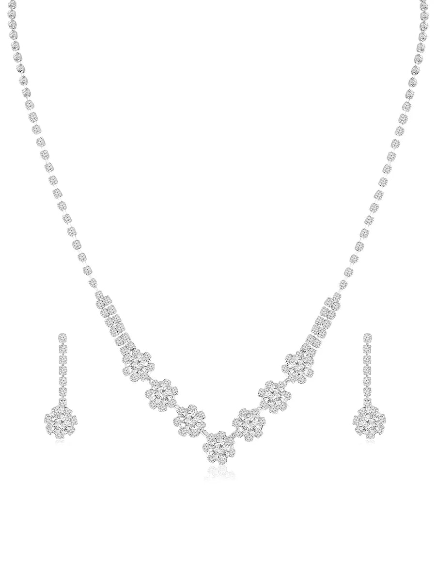 Silver necklace earrings set crafted from alloy, adorned with crystals & cubic zirconia for an elegant, timeless look | Peora
