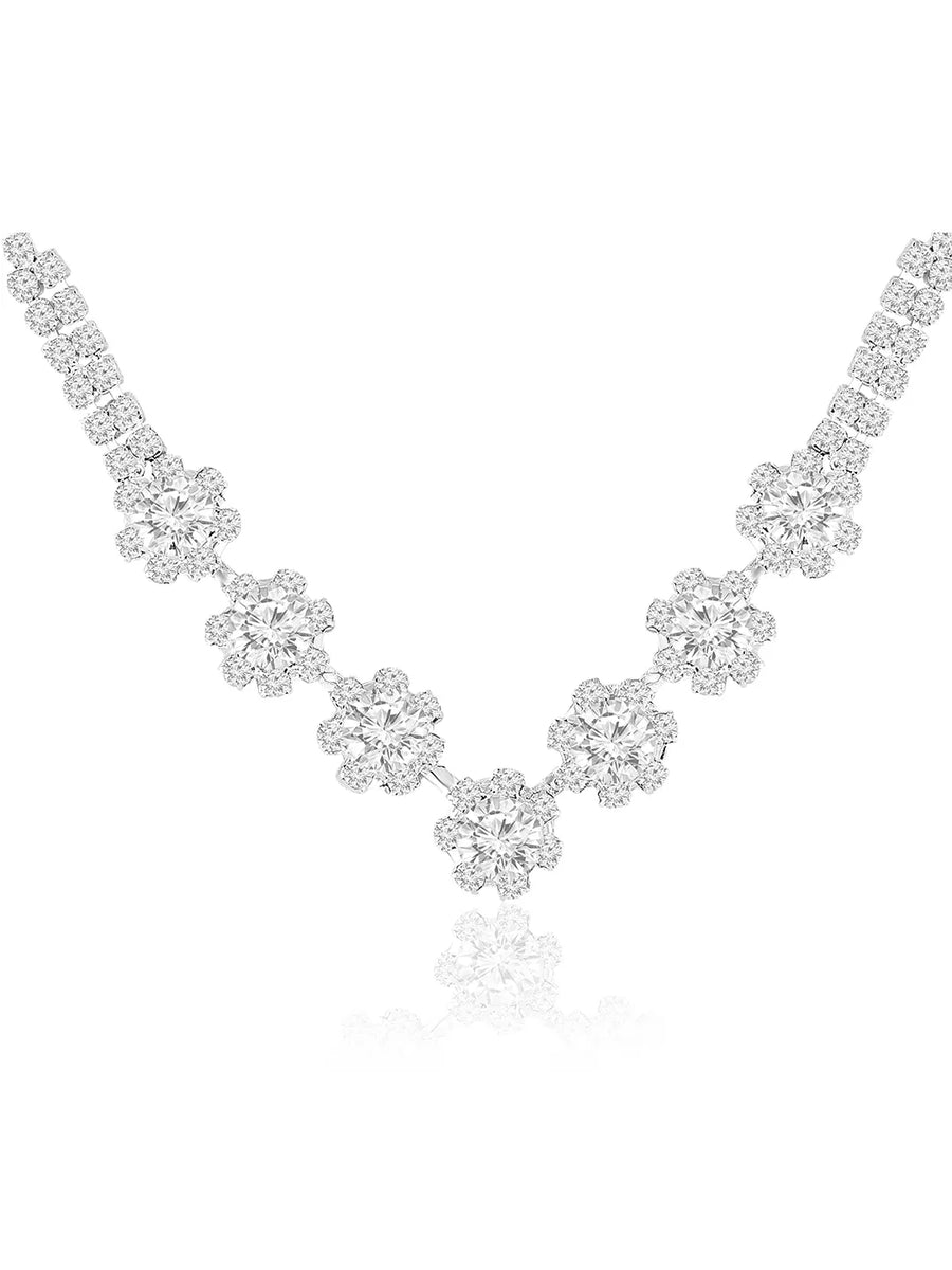 Silver necklace earrings set crafted from alloy, adorned with crystals & cubic zirconia for an elegant, timeless look | Peora
