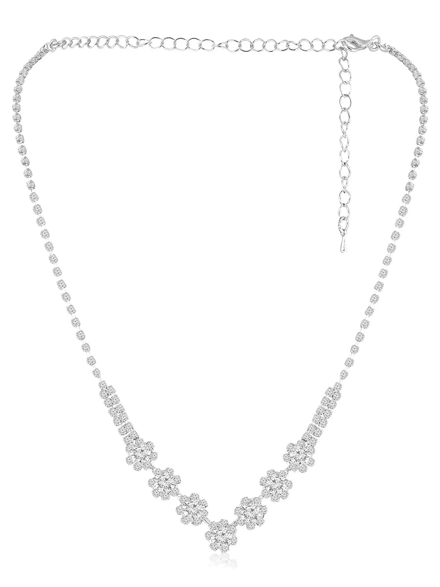 Silver necklace earrings set crafted from alloy, adorned with crystals & cubic zirconia for an elegant, timeless look | Peora
