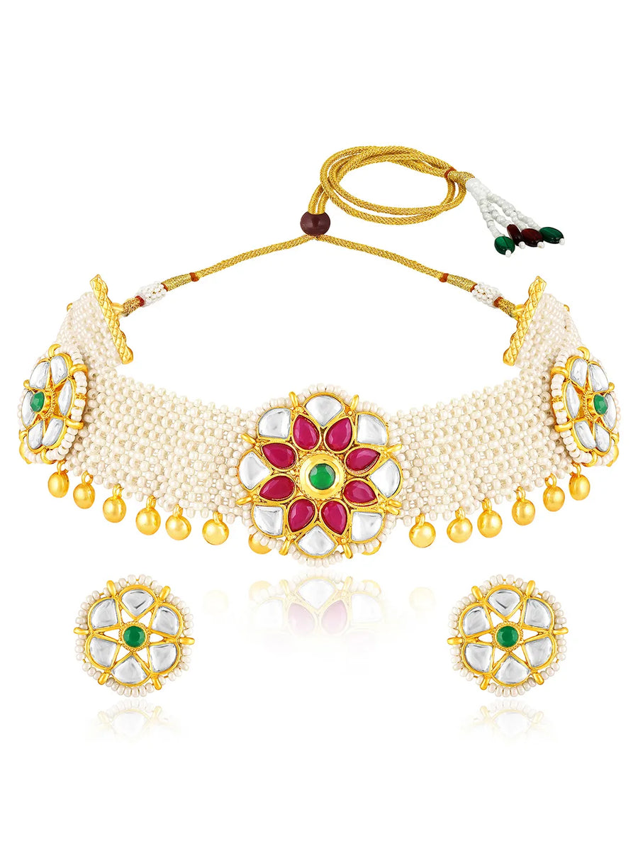 White choker earring set crafted from alloy, adorned with crystals & beads for an elegant, timeless look | Peora
