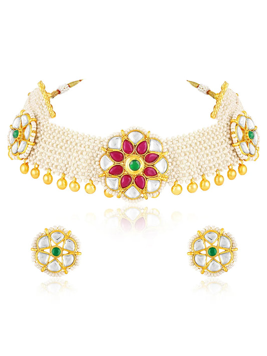 White choker earring set crafted from alloy, adorned with crystals & beads for an elegant, timeless look | Peora
