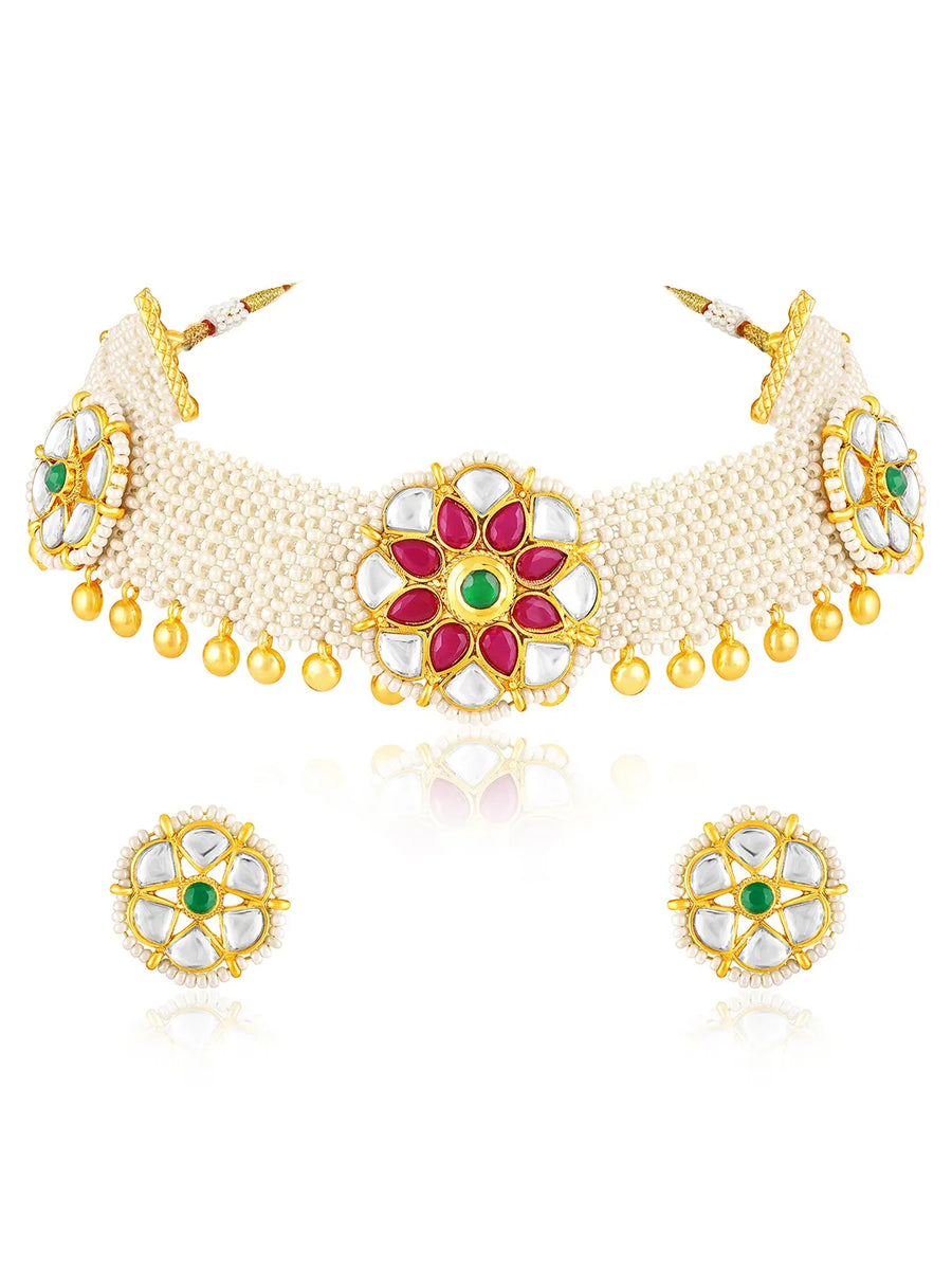 White choker earring set crafted from alloy, adorned with crystals & beads for an elegant, timeless look | Peora
