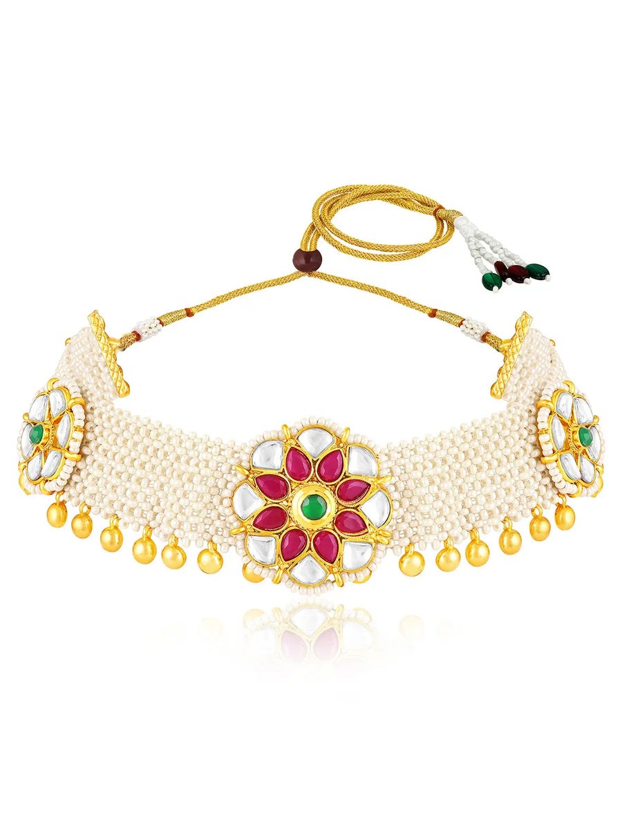 White choker earring set crafted from alloy, adorned with crystals & beads for an elegant, timeless look | Peora

