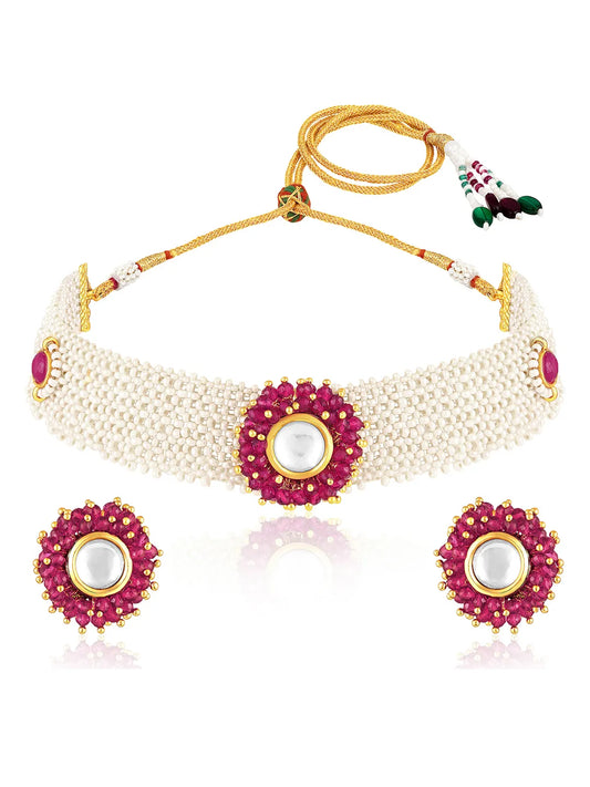 Rani Pink choker earring set crafted from alloy, adorned with crystals & beads for an elegant, timeless look | Peora
