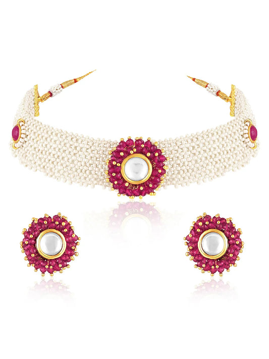 Rani Pink choker earring set crafted from alloy, adorned with crystals & beads for an elegant, timeless look | Peora
