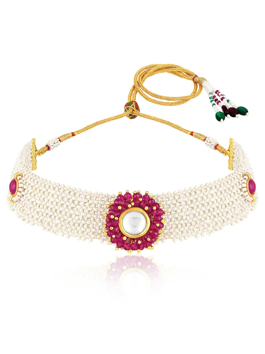 Rani Pink choker earring set crafted from alloy, adorned with crystals & beads for an elegant, timeless look | Peora
