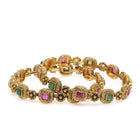 Heritage Style Floral Motif Bangle Set in Gold - Rani Pink Green featuring Faux Kundan bangle set 
