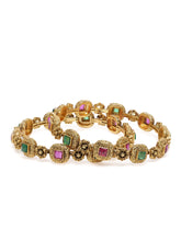Heritage Style Floral Motif Bangle Set in Gold - Rani Pink Green featuring Faux Kundan bangle set 

