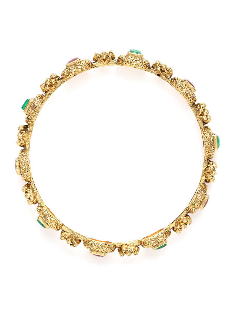 Heritage Style Floral Motif Bangle Set in Gold - Rani Pink Green featuring Faux Kundan bangle set 

