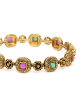 Heritage Style Floral Motif Bangle Set in Gold - Rani Pink Green featuring Faux Kundan bangle set 

