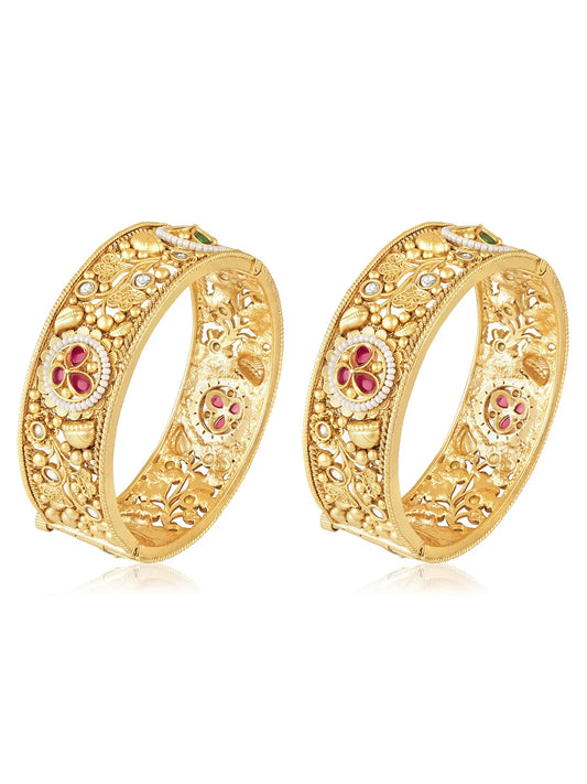 Gold - Rani Pink Green bangles crafted from brass, adorned with faux ruby for an elegant, timeless look | Peora
