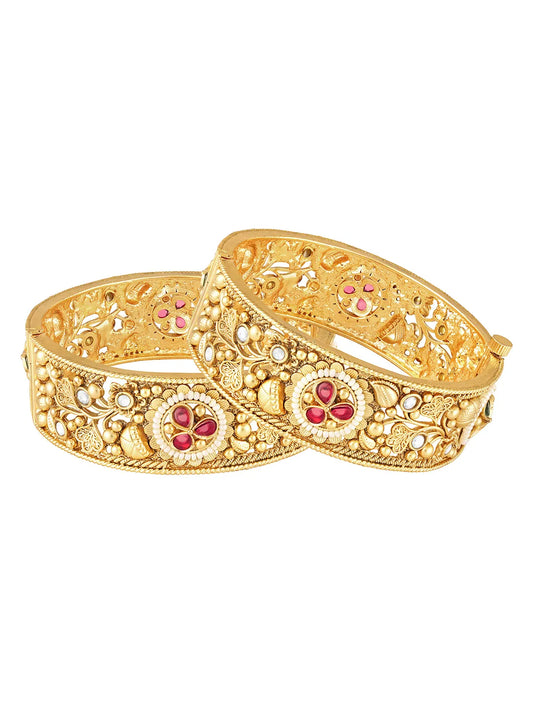 Gold - Rani Pink Green bangles crafted from brass, adorned with faux ruby for an elegant, timeless look | Peora
