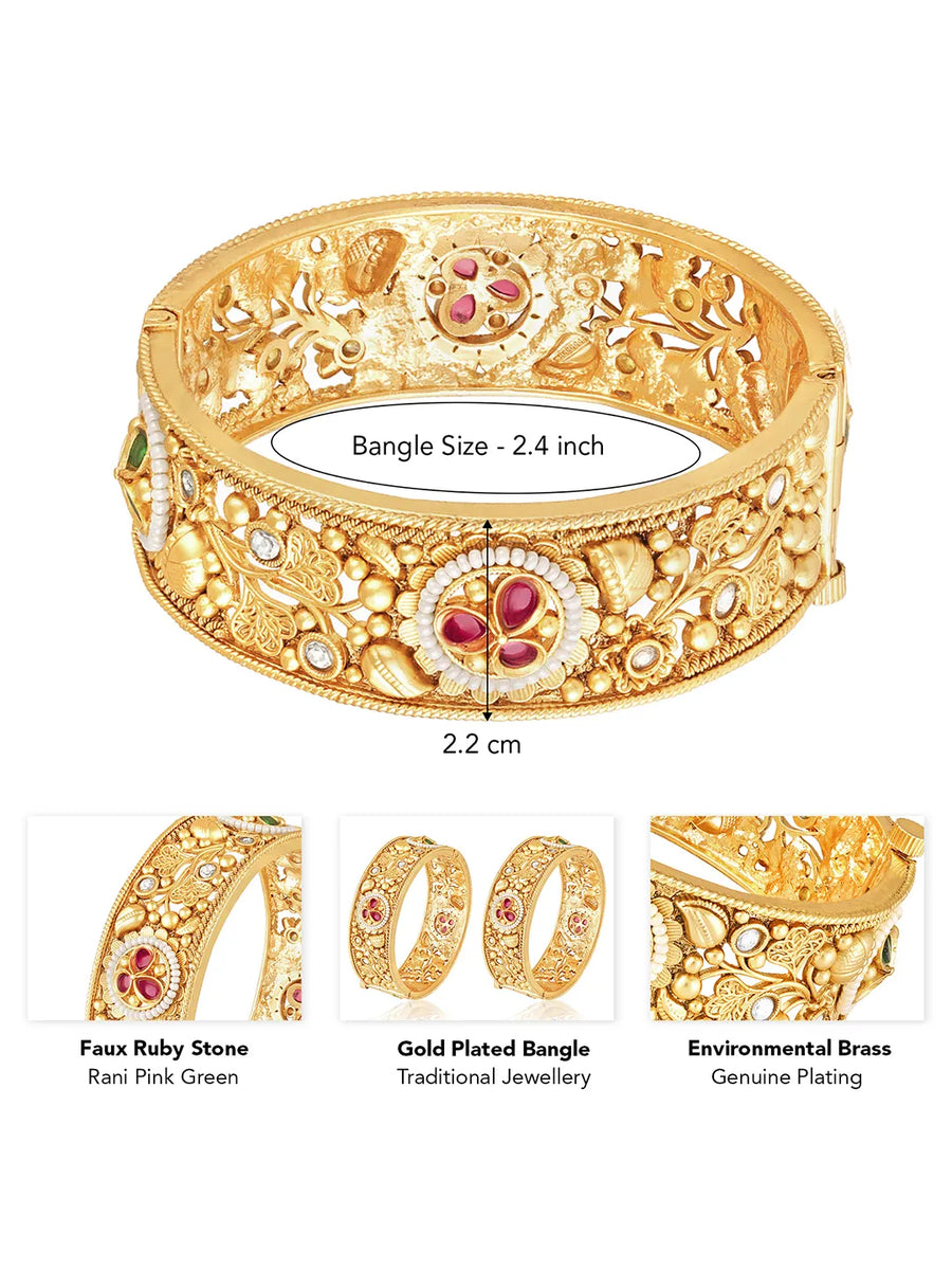 Gold - Rani Pink Green bangles crafted from brass, adorned with faux ruby for an elegant, timeless look | Peora
