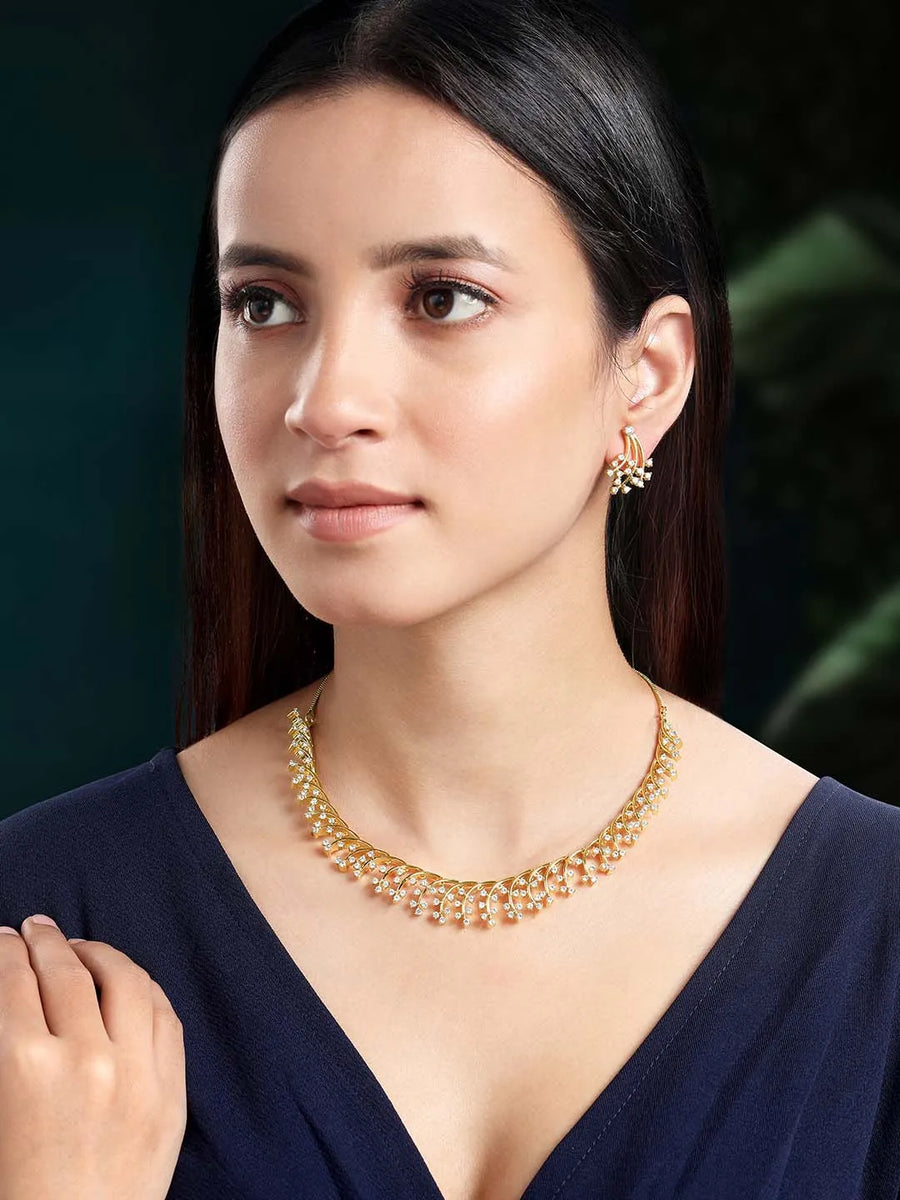 Gilded Floral Fantasy CZ Jewellery Set. A set of gold floral design CZ jewellery, with pair of earrings.