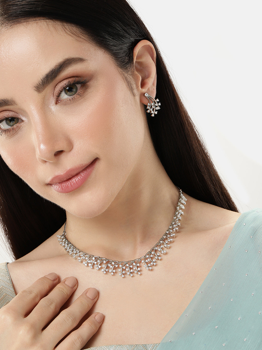 Gilded Floral Fantasy CZ Jewellery Set in Silver featuring Cubic Zirconia necklace earrings set 
