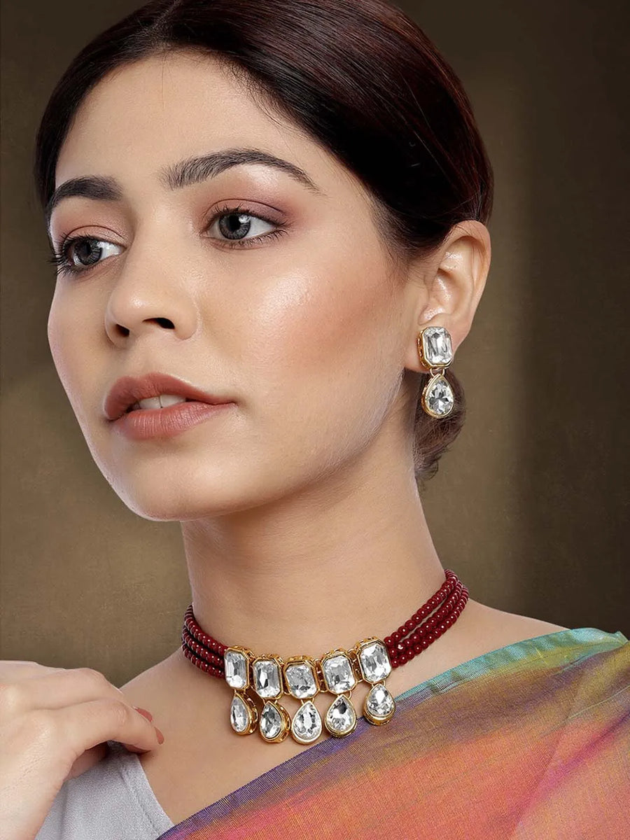 Crystal Pearl Choker Set by Peora | Elegant Pearl Fashion Jewellery

