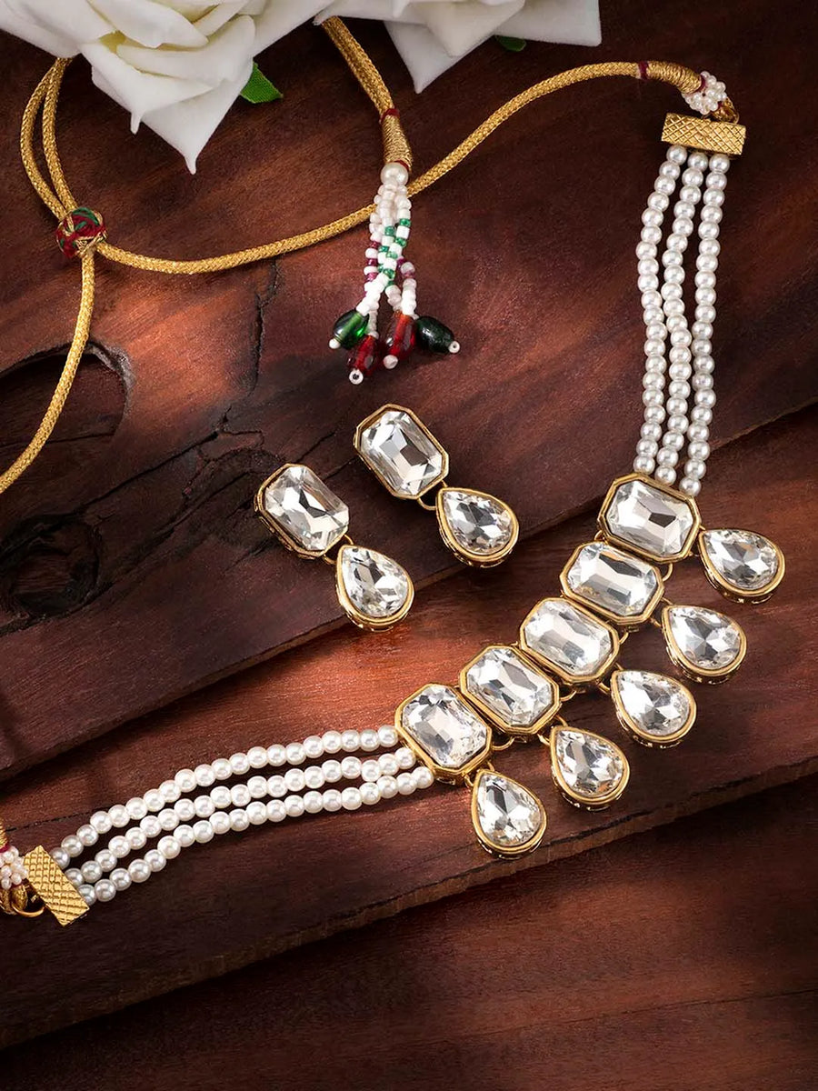 Crystal Pearl Choker Set by Peora | Elegant Pearl Fashion Jewellery

