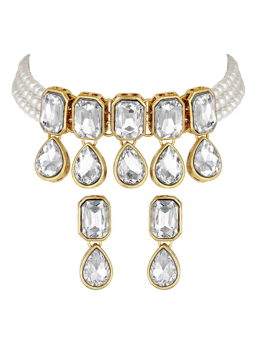 Crystal Pearl Choker Set by Peora | Elegant Pearl Fashion Jewellery

