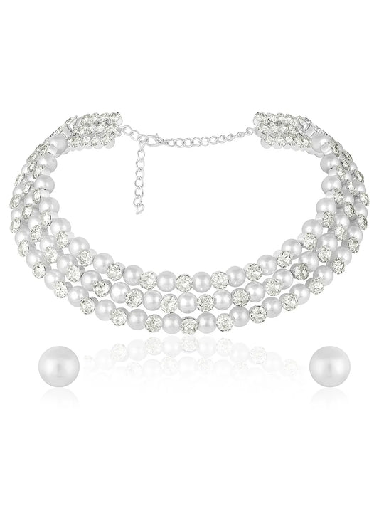 Silver necklace Choker earrings set crafted from alloy, adorned with pearls & crystal for an elegant, timeless look | Peora
