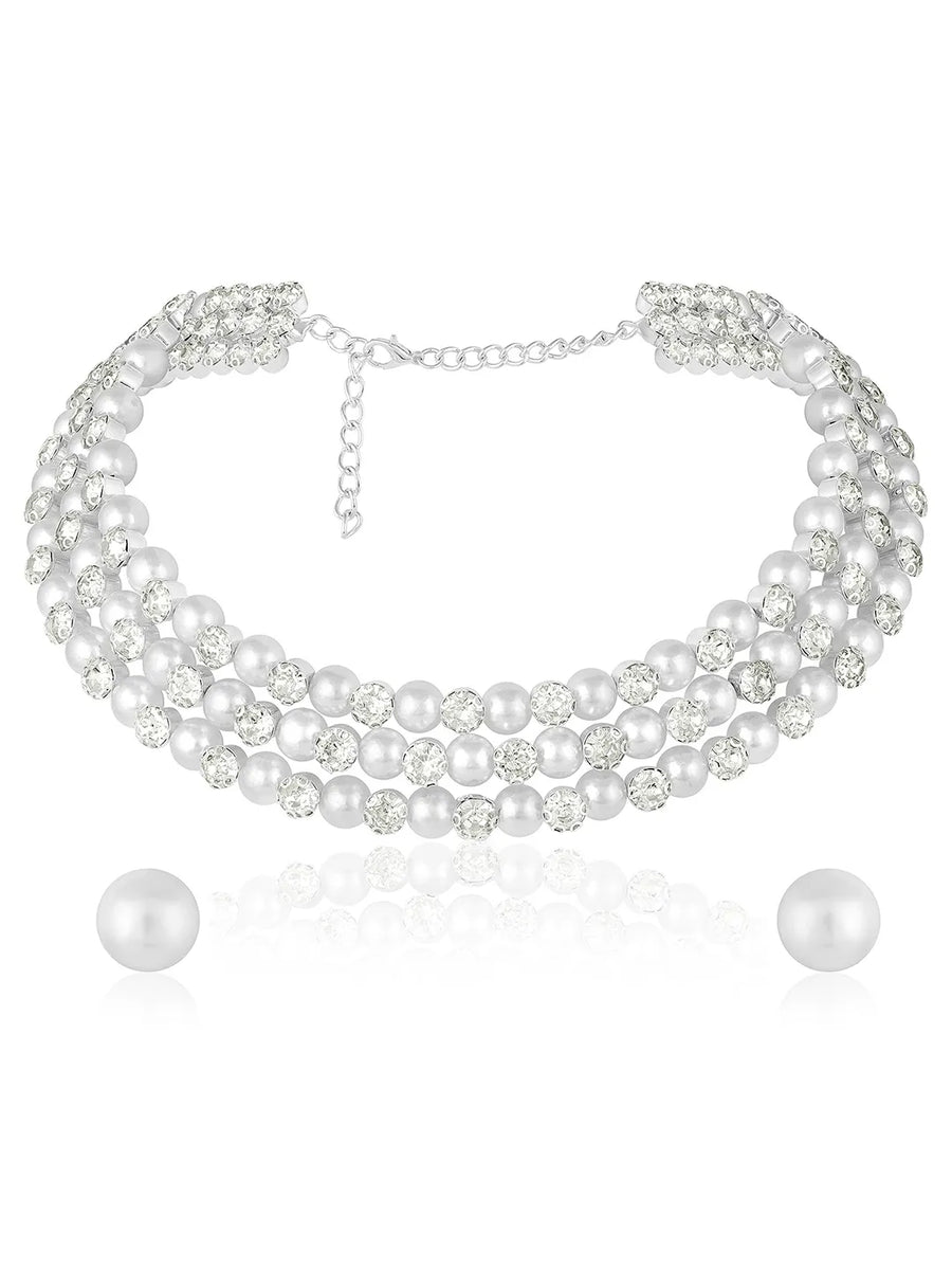 Silver necklace Choker earrings set crafted from alloy, adorned with pearls & crystal for an elegant, timeless look | Peora
