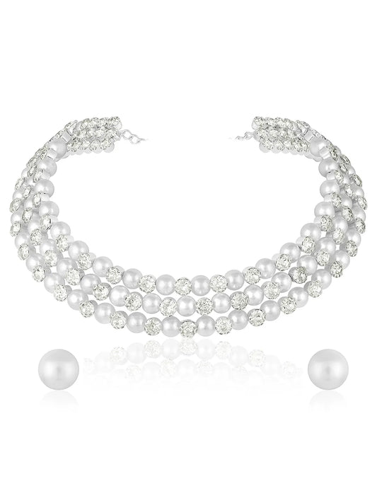Silver necklace Choker earrings set crafted from alloy, adorned with pearls & crystal for an elegant, timeless look | Peora
