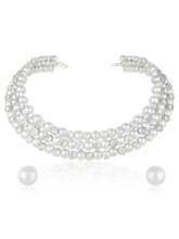 Silver necklace Choker earrings set crafted from alloy, adorned with pearls & crystal for an elegant, timeless look | Peora

