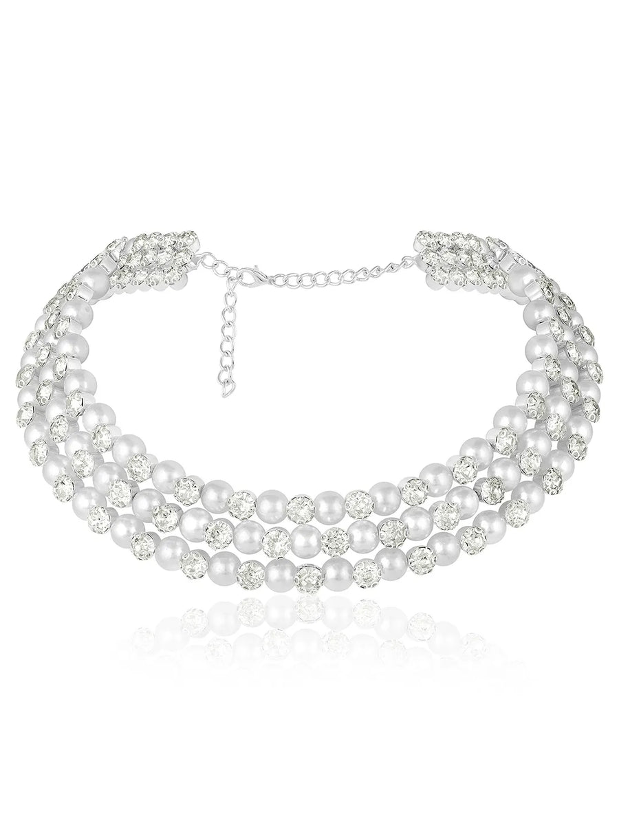 Silver necklace Choker earrings set crafted from alloy, adorned with pearls & crystal for an elegant, timeless look | Peora
