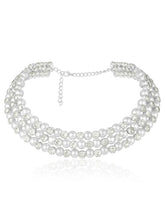 Silver necklace Choker earrings set crafted from alloy, adorned with pearls & crystal for an elegant, timeless look | Peora
