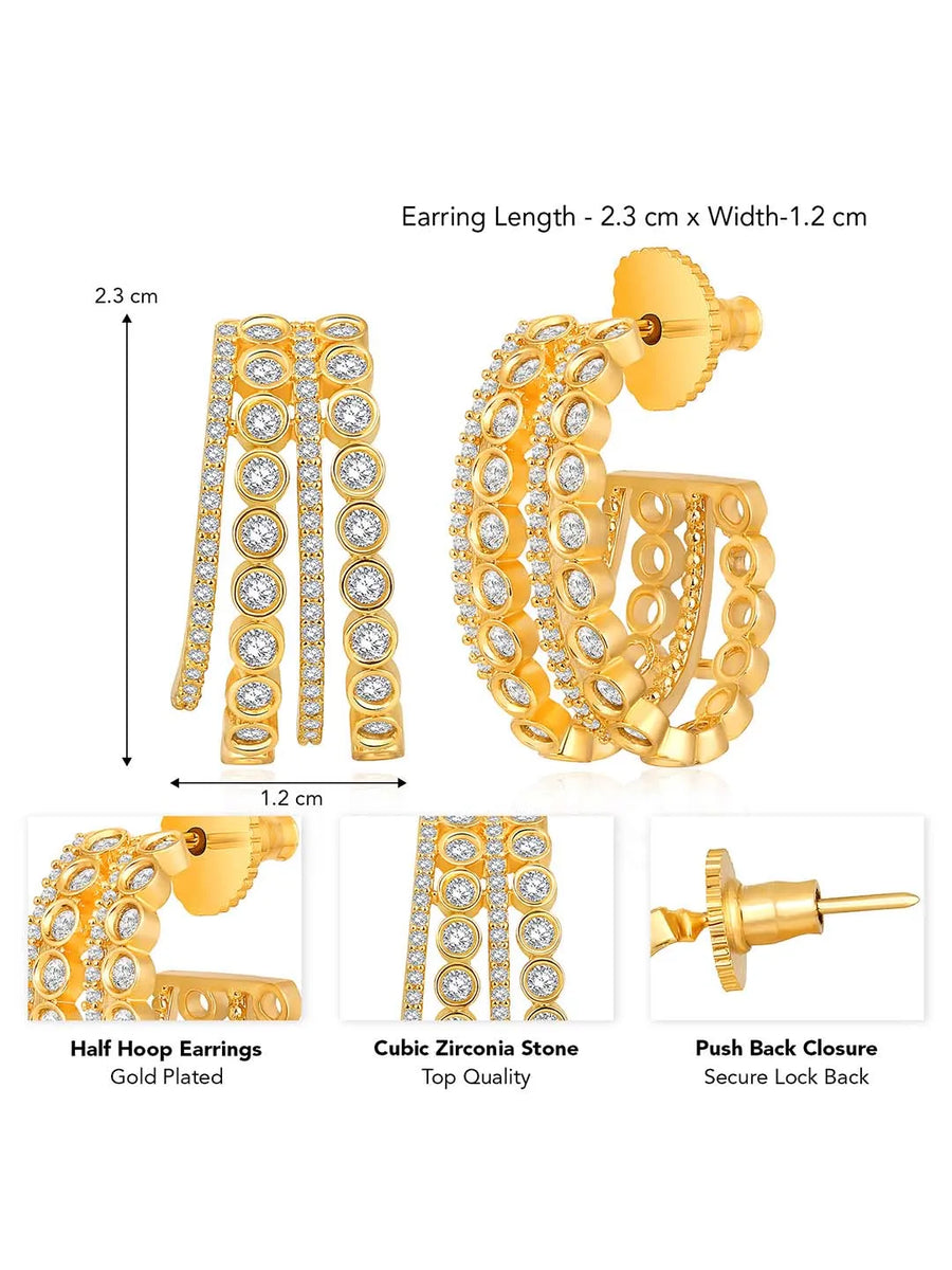 Glamorous Radiant CZ Half Hoop Earrings. A pair of gold-colored half hoop earrings with cubic zirconia embellishments. Ideal for casuals & party looks.