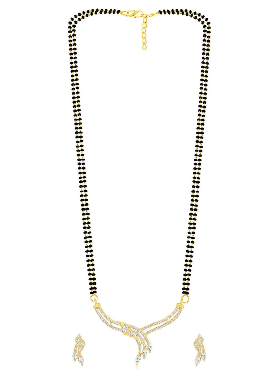 Brilliant Dazzling CZ Mangalsutra Set. Gold CZ mangalsutra set with black beads and matching earrings
