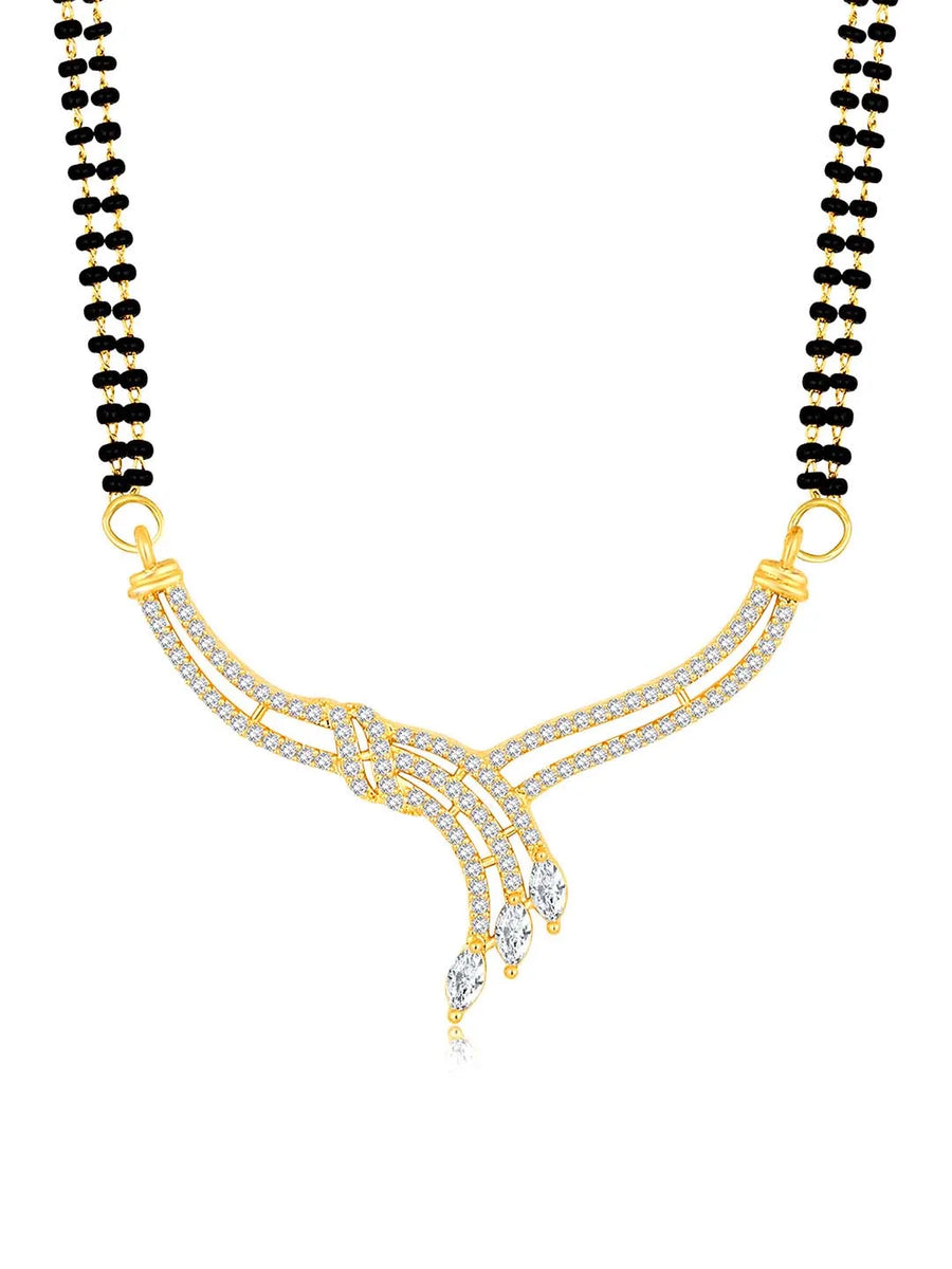 Brilliant Dazzling CZ Mangalsutra Set. Gold CZ mangalsutra set with black beads and matching earrings