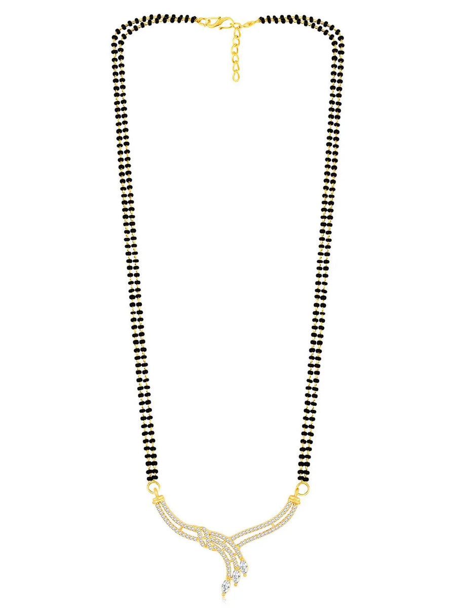 Brilliant Dazzling CZ Mangalsutra Set. Gold CZ mangalsutra set with black beads and matching earrings