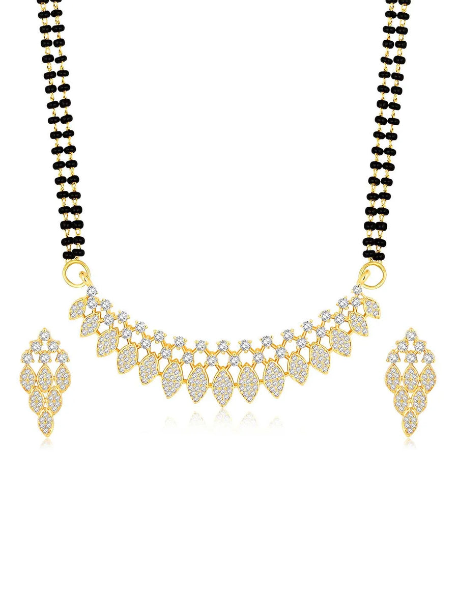 Stunning Radiant CZ Mangalsutra Set. Gold CZ mangalsutra set with black beads and matching earrings, in teardrop shape.