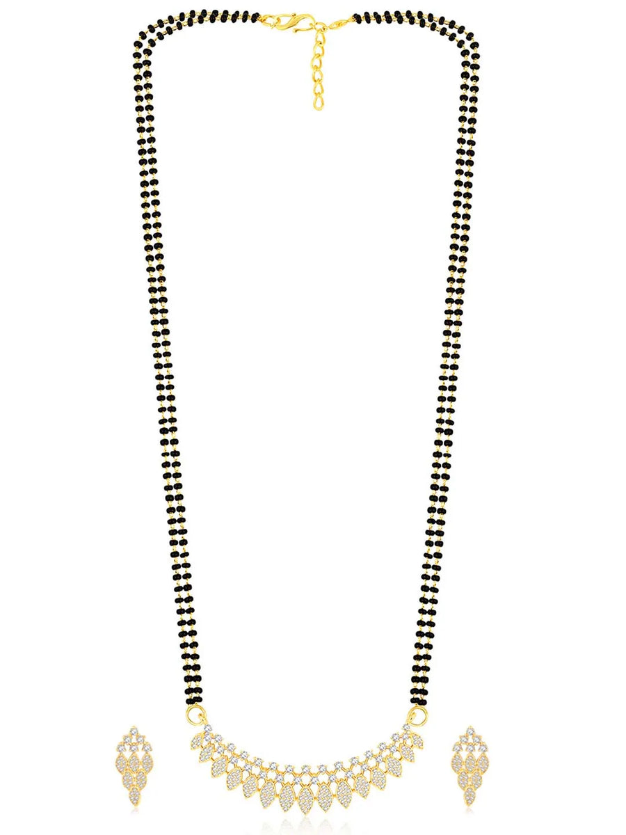 Stunning Radiant CZ Mangalsutra Set. Gold CZ mangalsutra set with black beads and matching earrings, in teardrop shape.